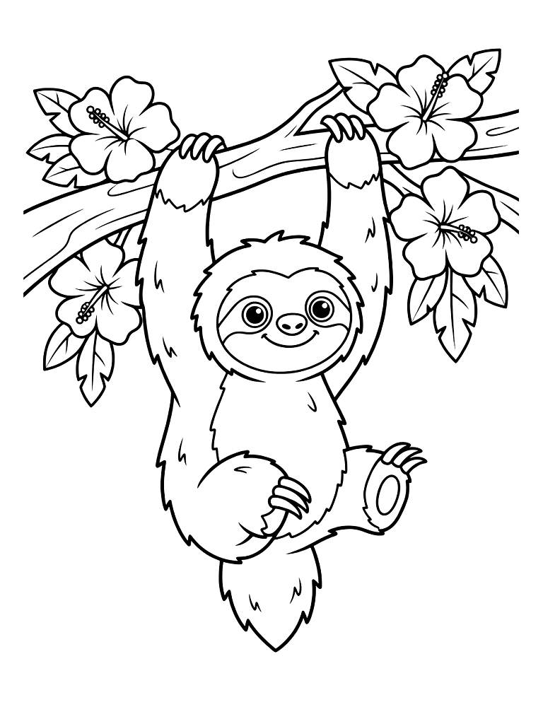 Sloth Hanging Calmly From A Tree Branch With Tropical Flowers Coloring Page