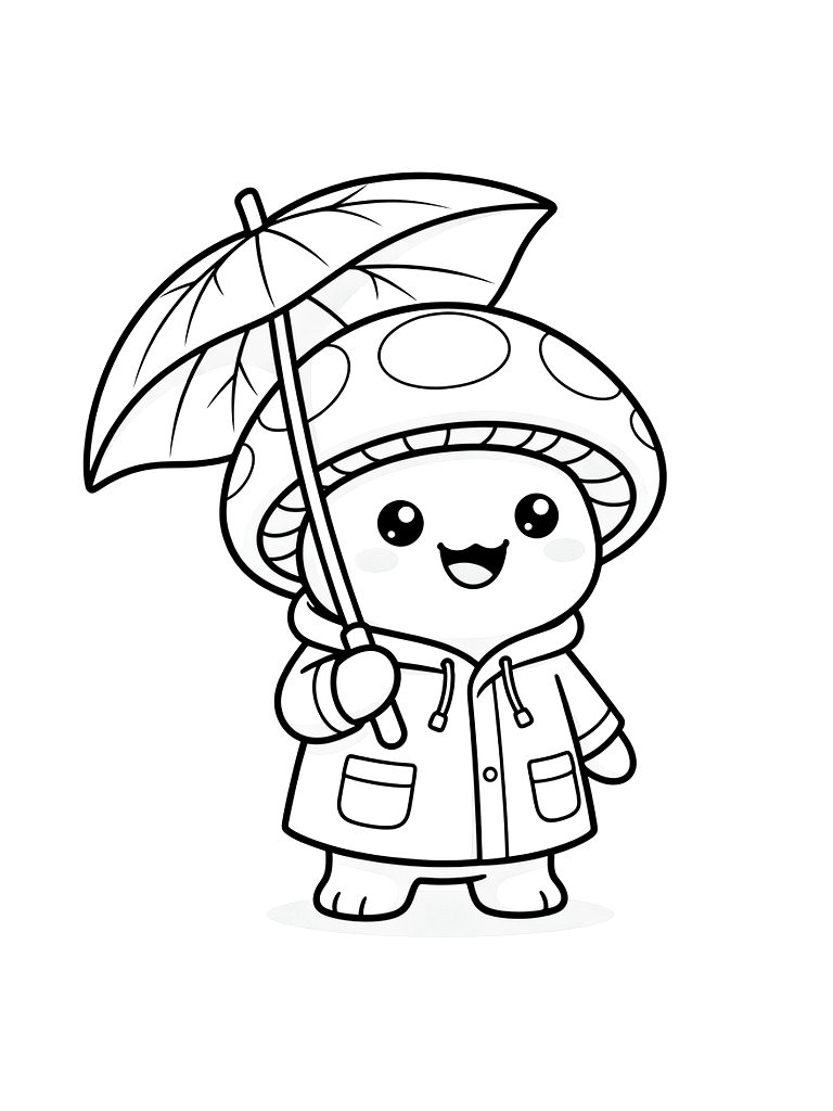 Smiling Kawaii Mushroom Wearing A Raincoat And Holding A Leaf Umbrella Coloring Page