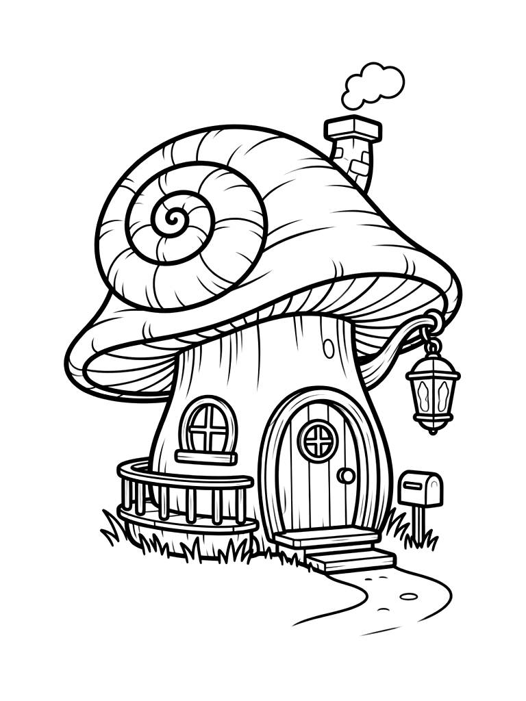 Snail Shell Mushroom House With A Round Door And Porch Lantern Coloring Page
