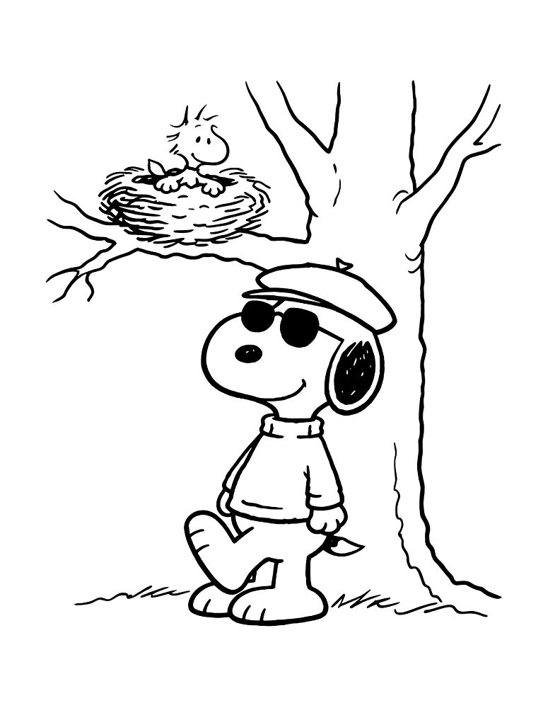Snoopy As Joe Cool Leaning Against A Tree With Sunglasses On While Woodstock Watches From A Nest Coloring Page