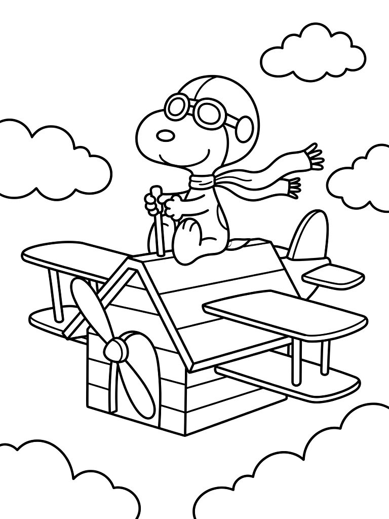 Snoopy Dressed As The World War I Flying Ace Wearing His Goggles And Scarf Piloting His Red Doghouse Through The Clouds Coloring Page