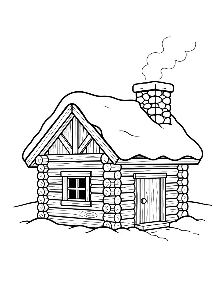 Snow-covered Log Cabin With Smoke Rising From The Chimney Coloring Page