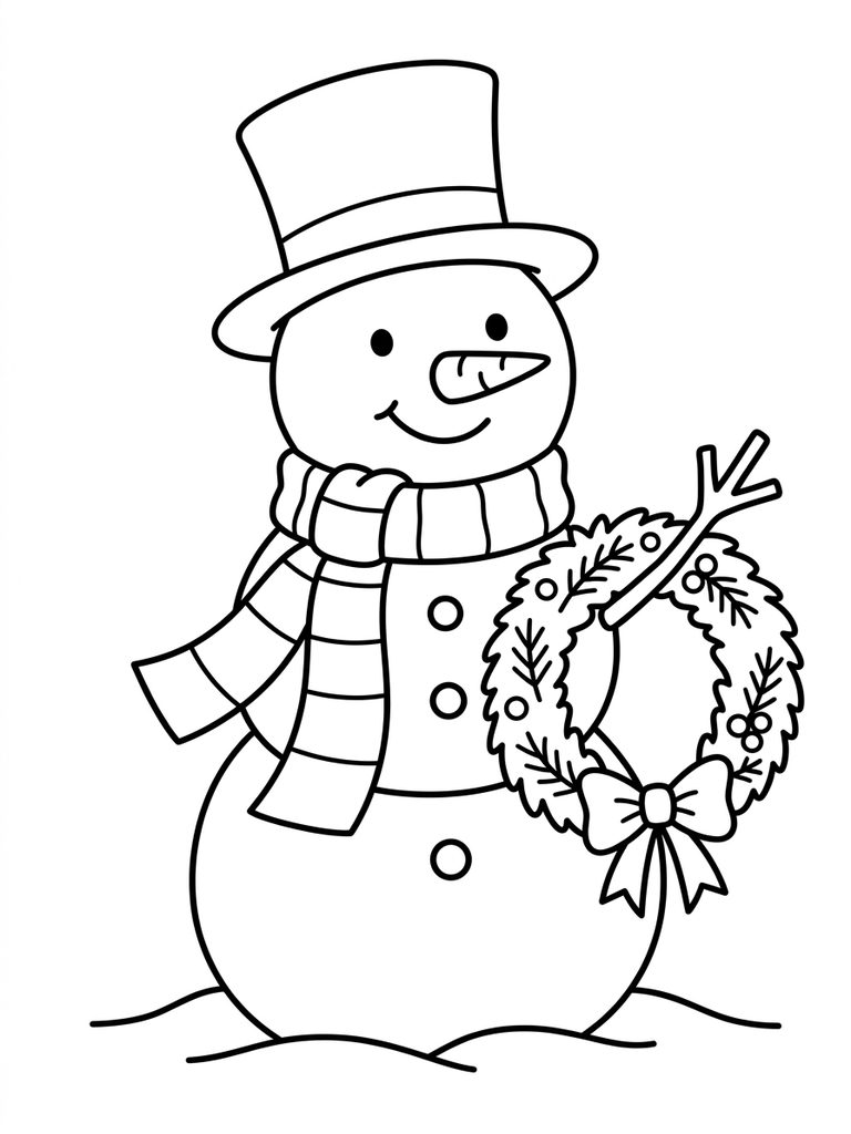 Snowman Wearing A Scarf And Hat With Holiday Wreath Coloring Page