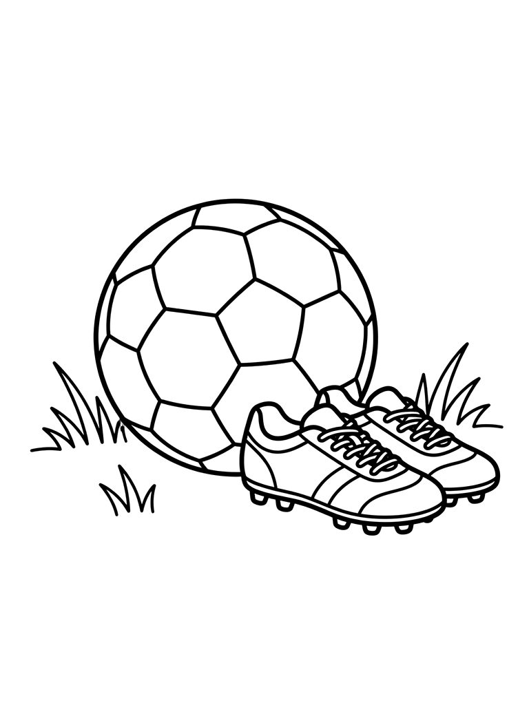 Soccer Ball Resting On The Green Grass Of A Field With A Pair Of Cleats Nearby Coloring Page