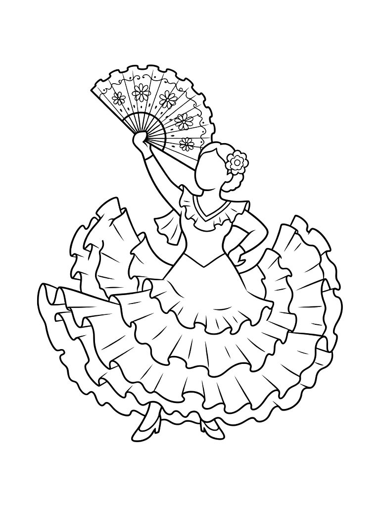 Spanish Flamenco Dancer In A Dramatic Pose With A Voluminous Ruffled Dress And A Decorative Fan Coloring Page
