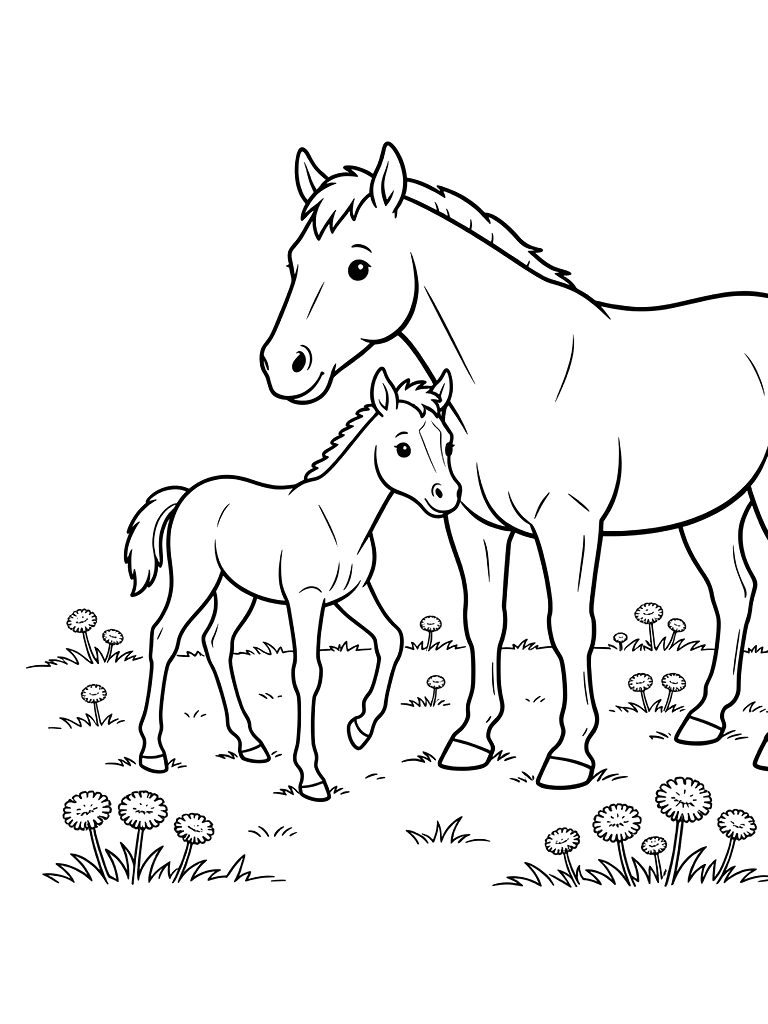Spindly-legged Foal Standing Wobbly Next To Its Mother In A Green Pasture Filled With Dandelions Coloring Page