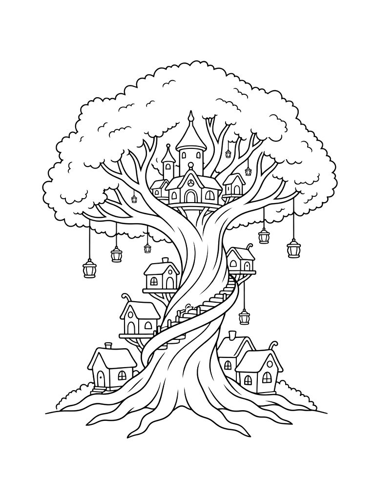 Spiraling Elven City Built High Into The Branches Of A Massive Glowing White Tree With Hanging Lanterns Coloring Page