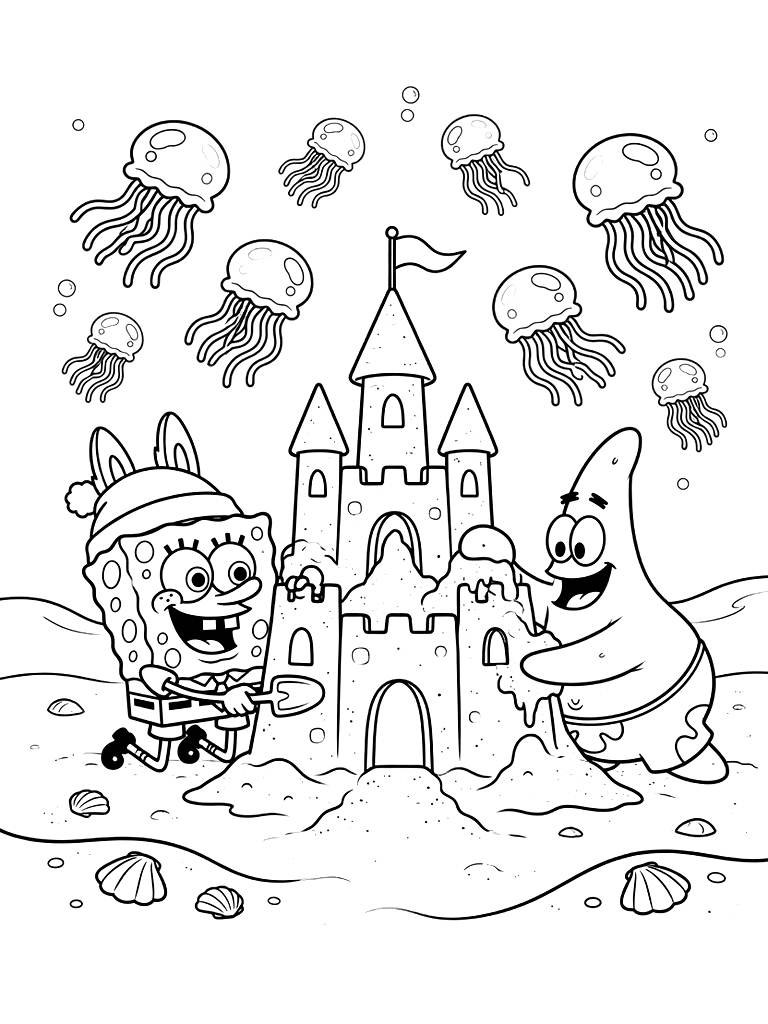 SpongeBob And Patrick Star Building A Massive Sandcastle On The Ocean Floor Under A Sky Of Floating Jellyfish In Bikini Bottom Coloring Page