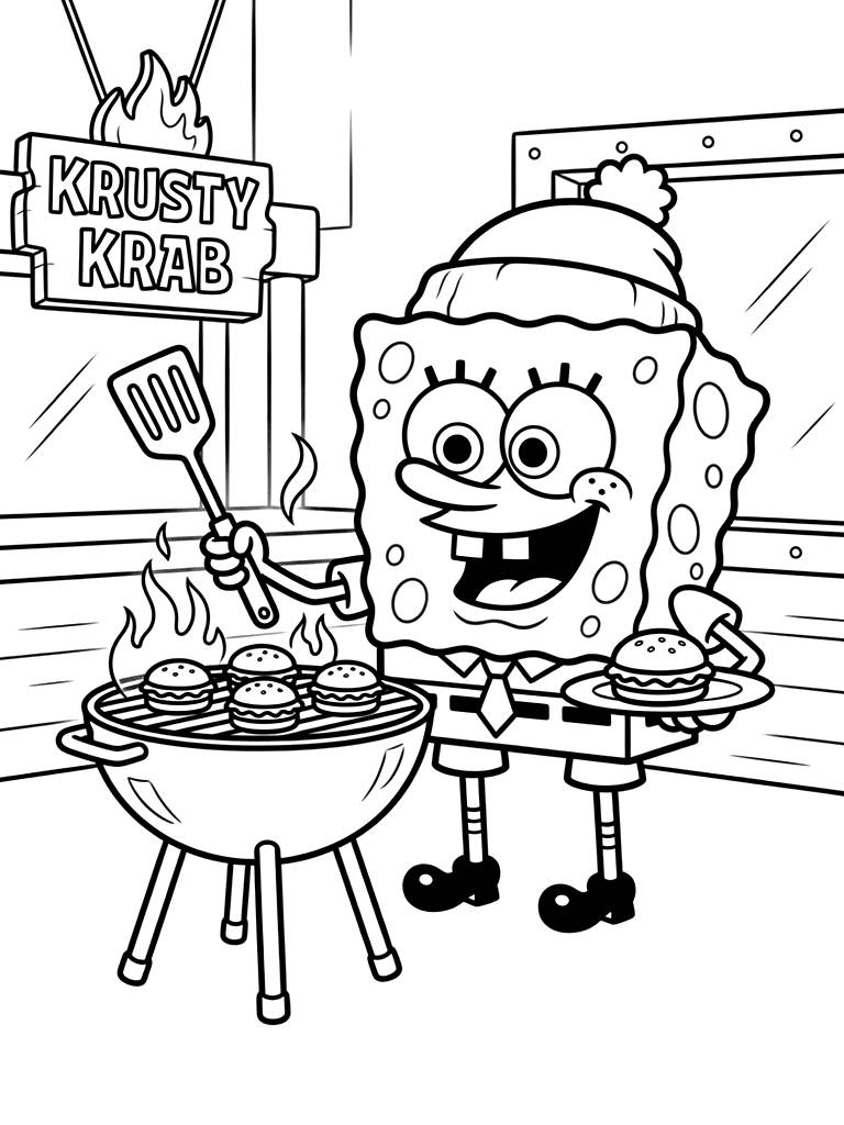 Spongebob Squarepants Grilling Krabby Patties At The Krusty Krab Coloring Page