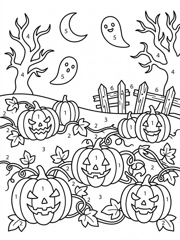 Spooky Halloween Pumpkin Patch By Number Coloring Page
