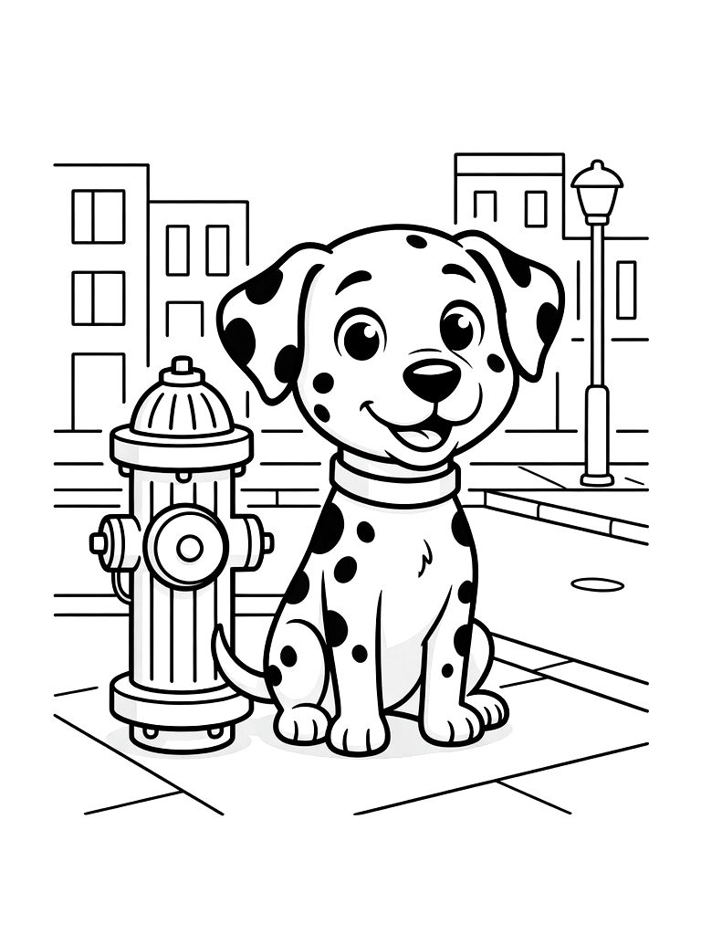 Spotted Dalmatian Dog Sitting Proudly Next To A Red Fire Hydrant On A City Sidewalk Coloring Page