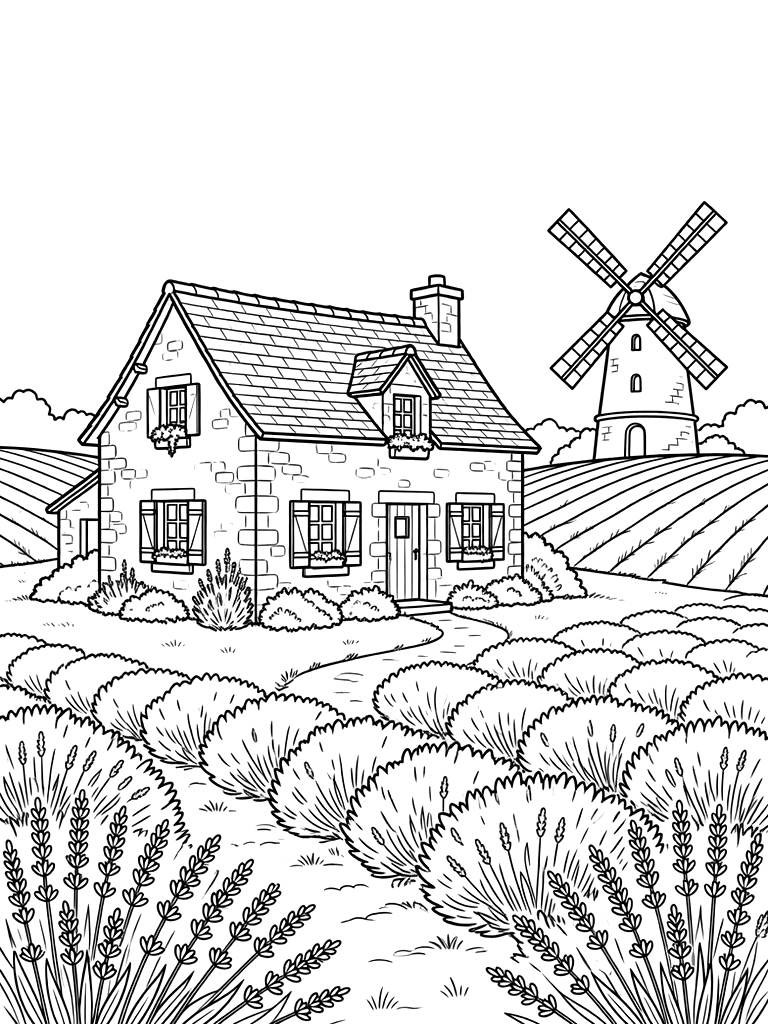 Sprawling Lavender Rows With A French Farmhouse And A Distant Windmill Coloring Page
