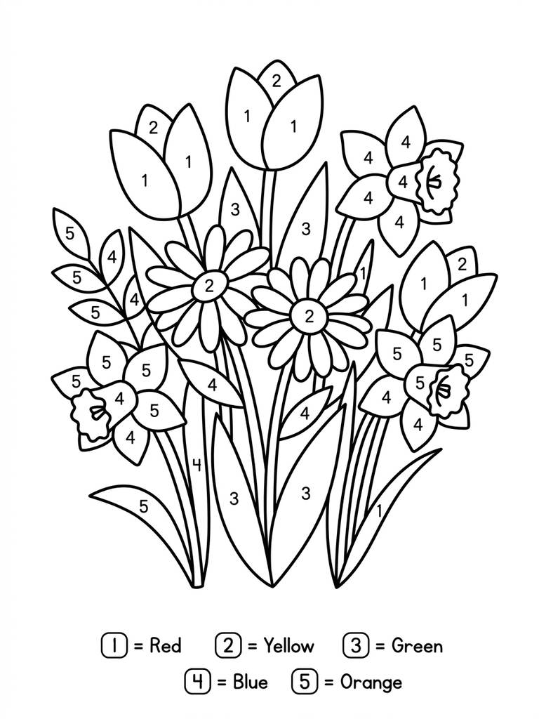 Spring Flowers Color By Numbe Coloring Page