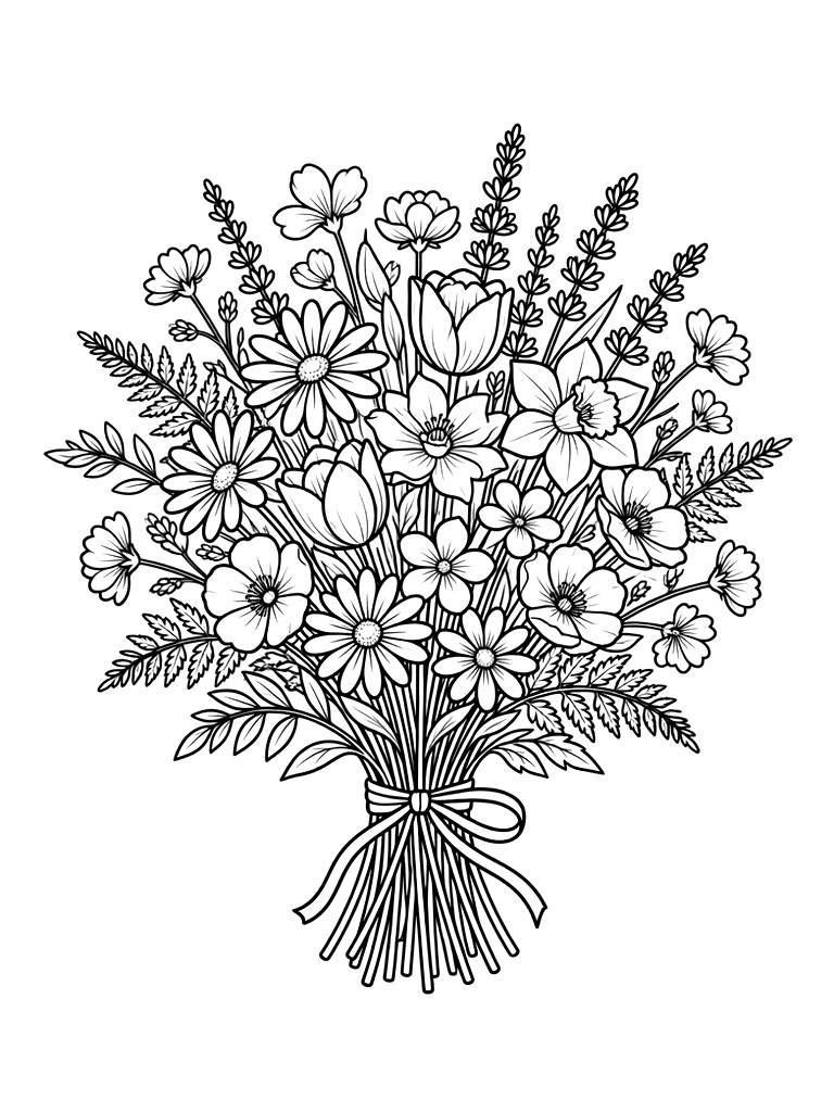 Spring Mixed Wildflower Bouquet Coloring Page