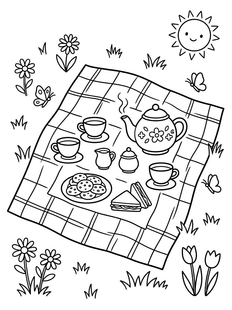 Spring Picnic Blanket And Cozy Tea Time Spread Coloring Page