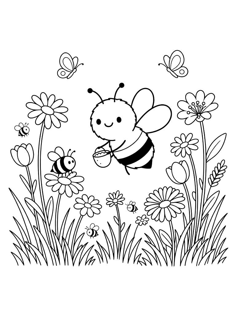 Spring Wildflower Meadow And Honey Bees Coloring Page