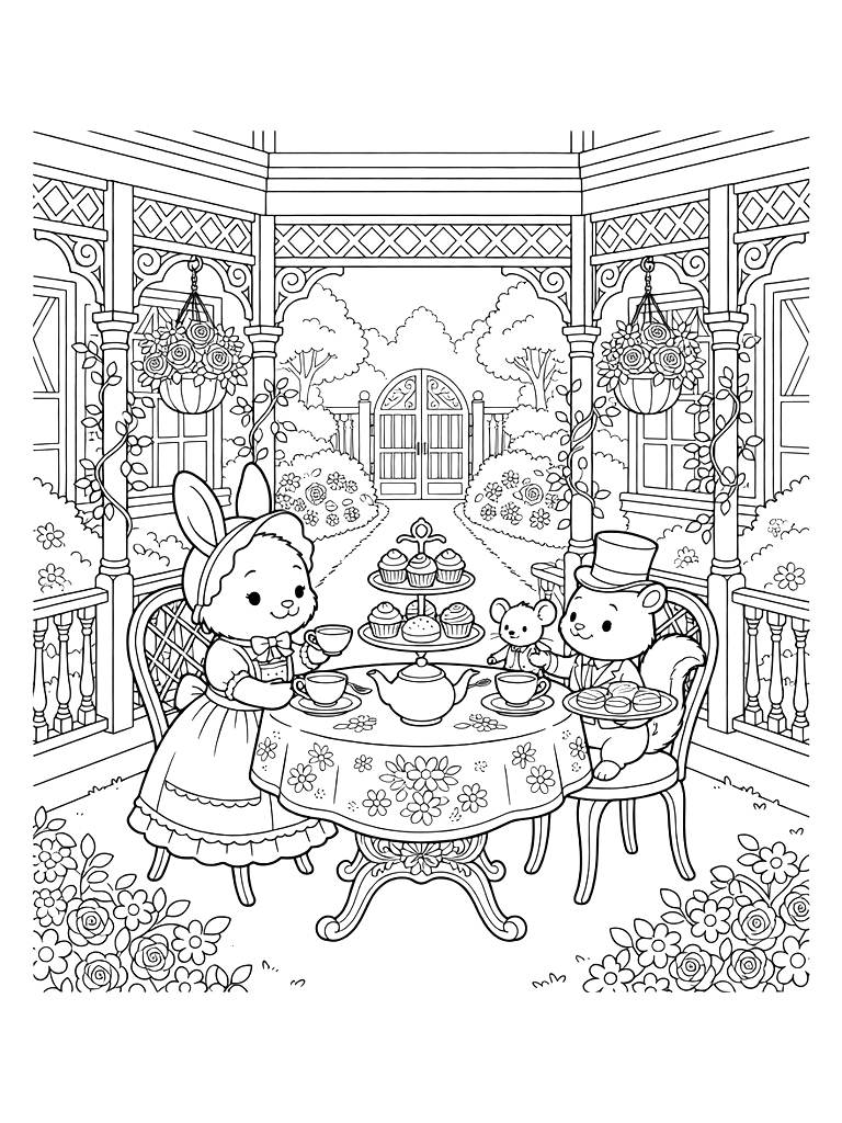 Springtime Victorian Garden Party With A Floral Tea Table On The Front Porch Coloring Page