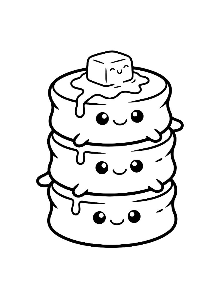 Stack Of Kawaii Souffle Pancakes With Happy Faces And A Melting Pat Of Butter Coloring Page