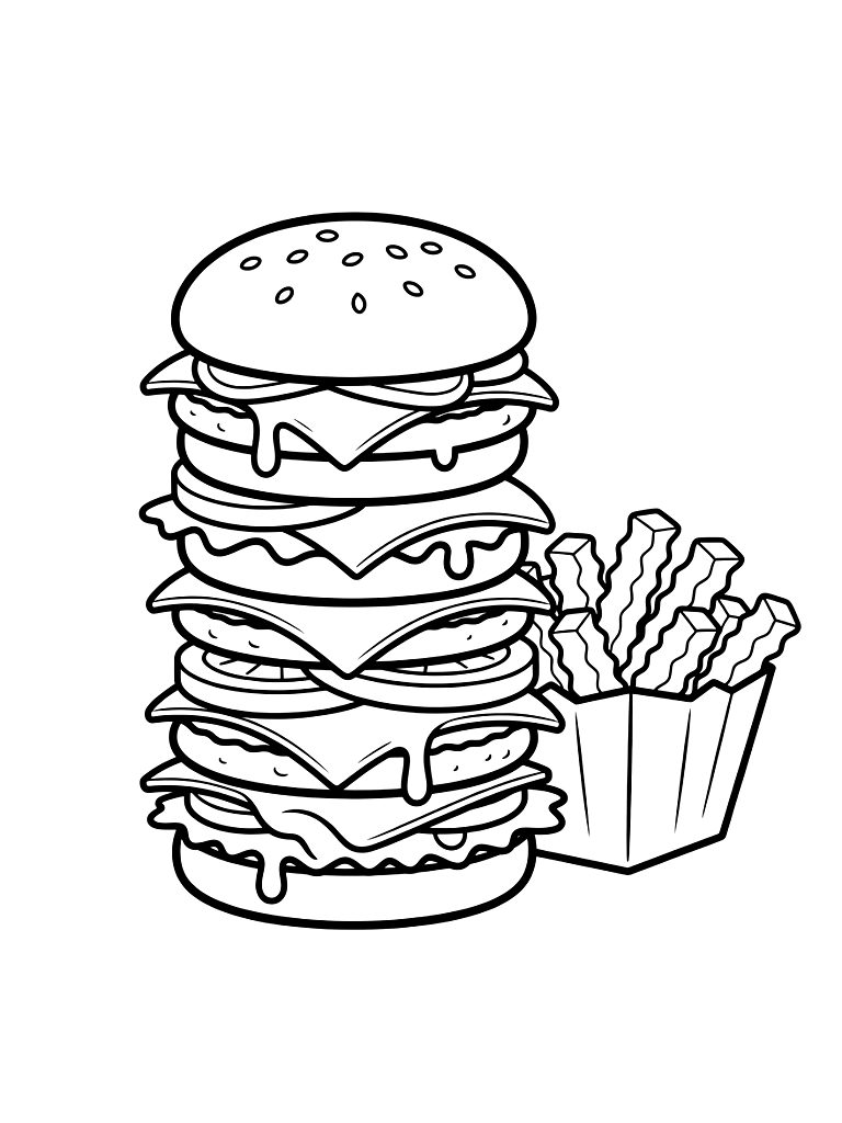 Stack Of Smash Burgers With Melting Cheese And Crinkle-cut Fries In A Paper Basket Coloring Page
