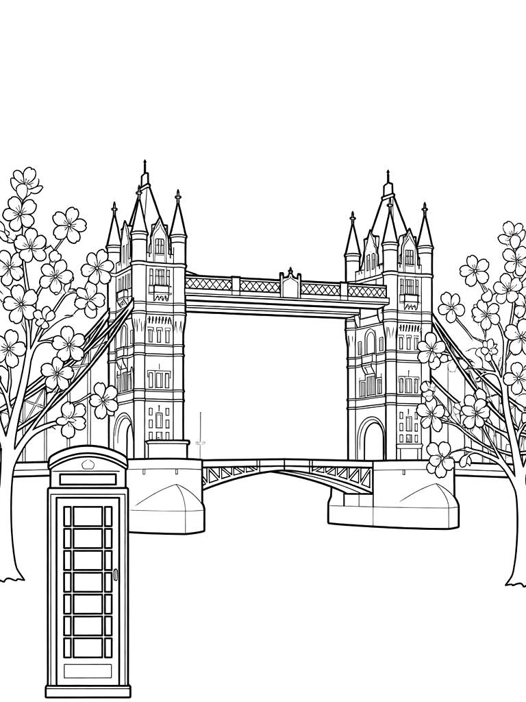 Stately Tower Bridge In London Framed By Blooming Pink Cherry Blossom Trees And A Classic Red Telephone Box In The Foreground Coloring Page