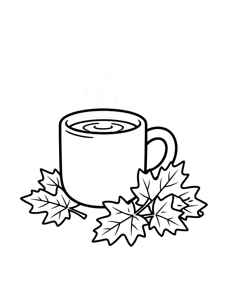 Steaming Pumpkin Spice Latte In A Mug Next To A Pile Of Crunchy Maple Leaves Coloring Page