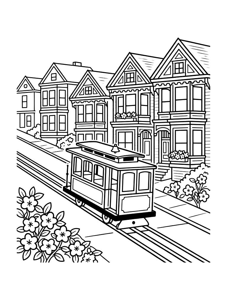 Steep San Francisco Street With Victorian Row Houses And A Cable Car Climbing The Hill Past Blooming Azaleas Coloring Page