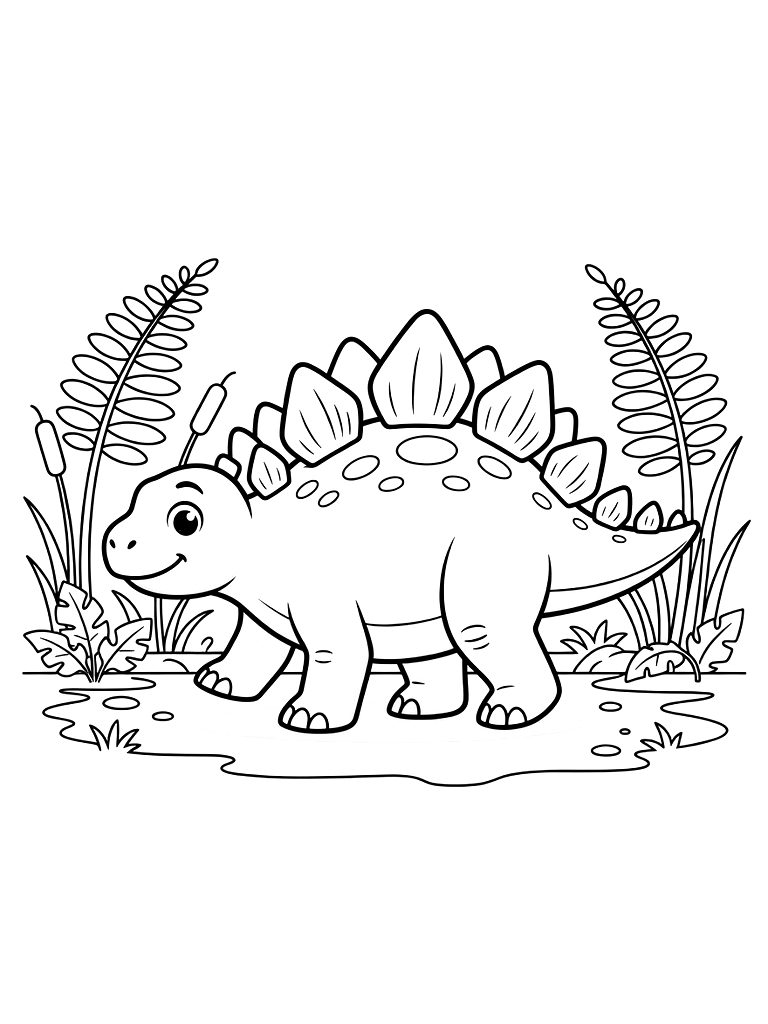 Stegosaurus With Large Bony Plates On Its Back Walking Through A Prehistoric Swamp With Giant Ferns Coloring Page