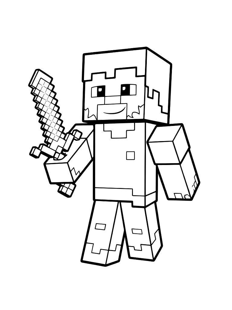 Steve With Diamond Sword Coloring Page