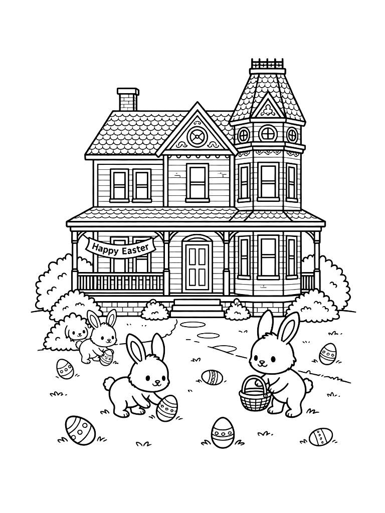 Stick-style Victorian House With An Easter Egg Hunt Scene On The Lawn And A Happy Easter Banner Coloring Page