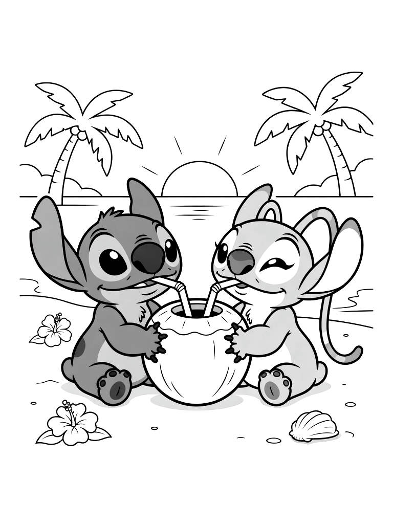 Stitch And Angel Sharing A Giant Coconut Drink With Two Straws On A Hawaiian Beach At Sunset Coloring Page