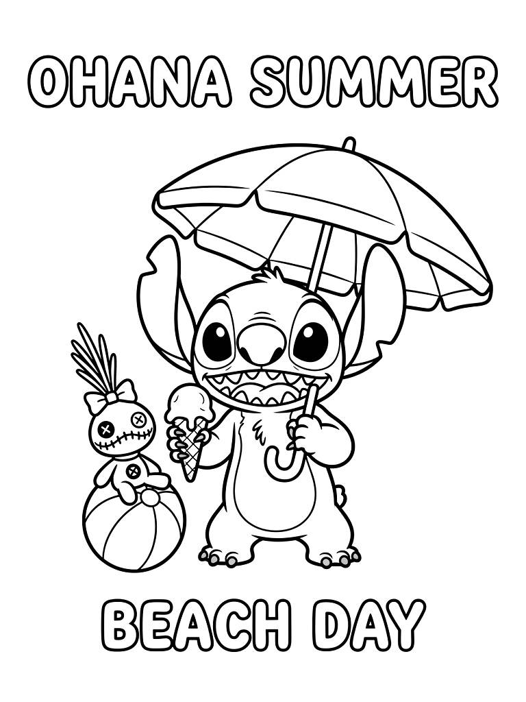 Stitch Beach Day & Ohana Summer Coloring Page