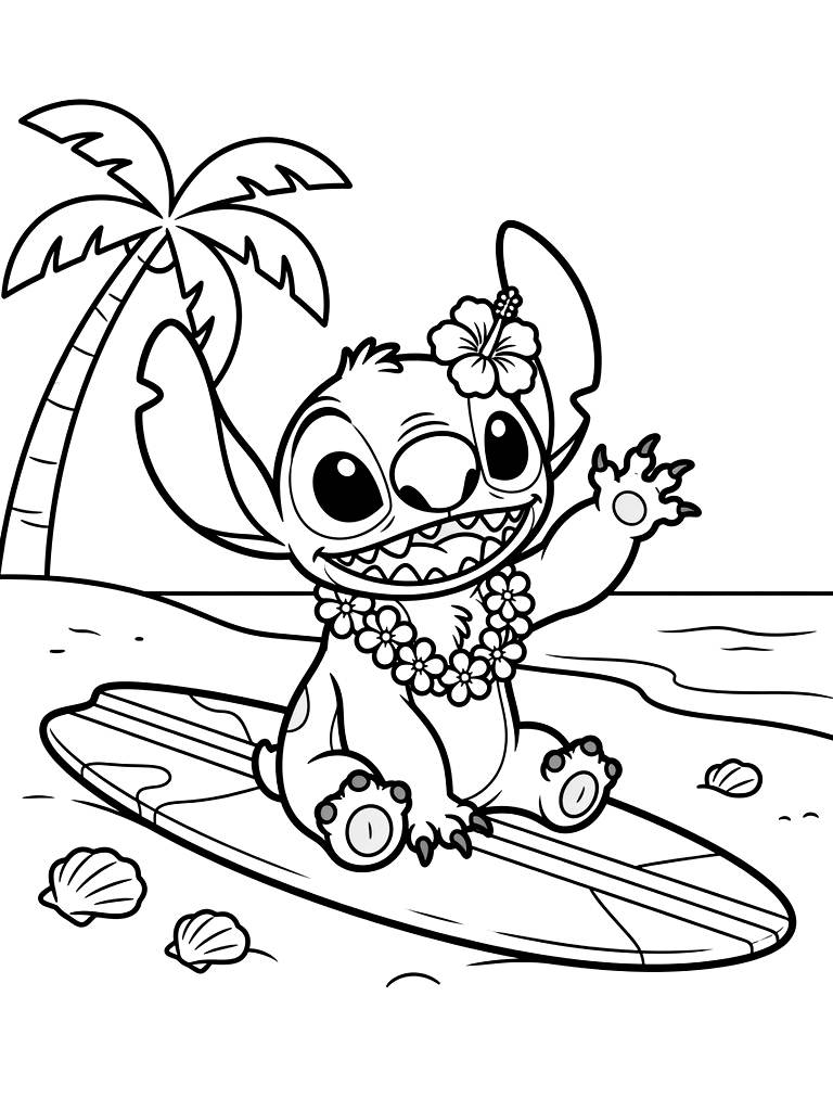 Stitch Hawaiian Beach Summer Coloring Page