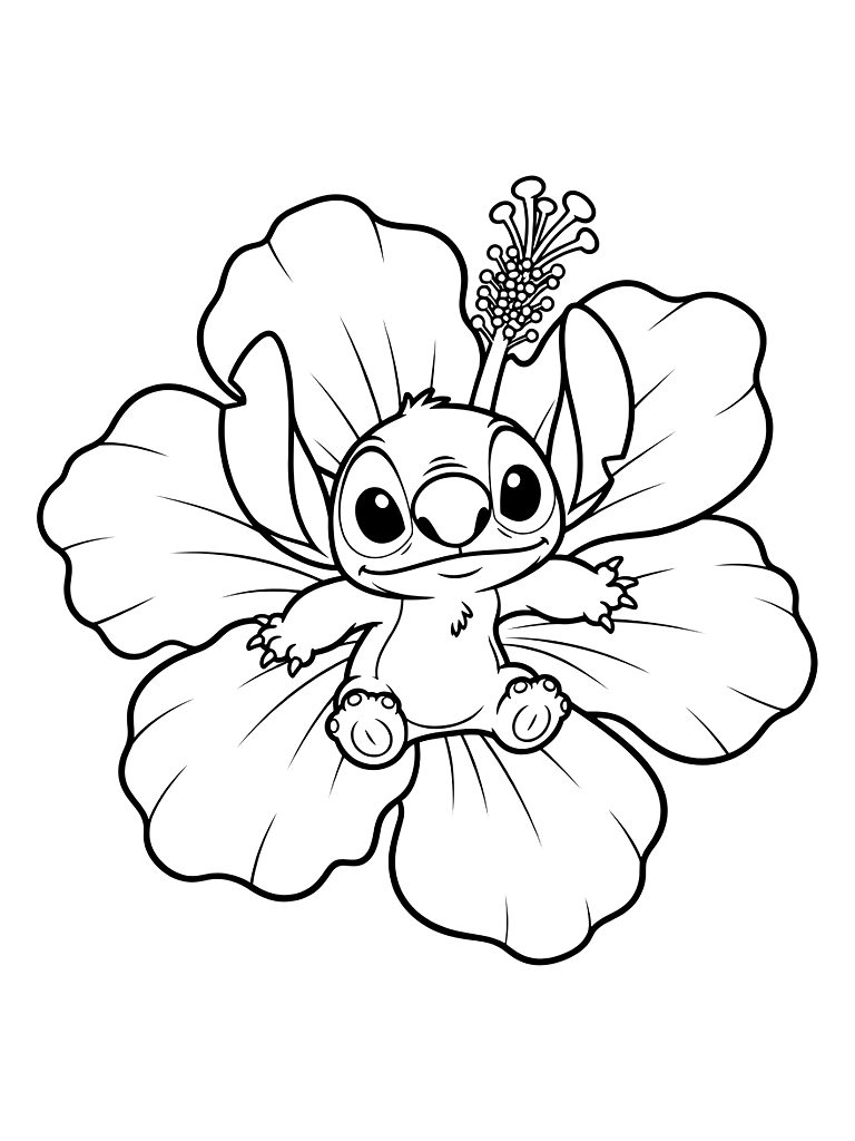 Stitch Hiding Inside The Petals Of A Large Tropical Pink Hibiscus Flower Coloring Page