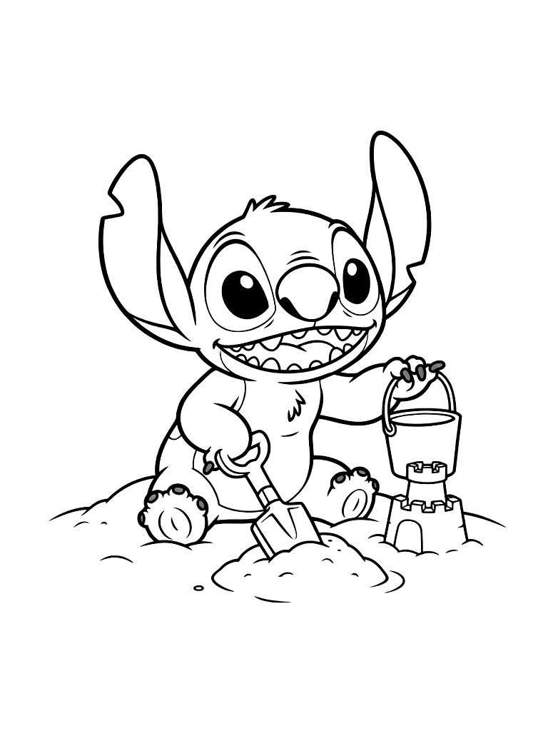 Stitch Playing In The Sand Coloring Page