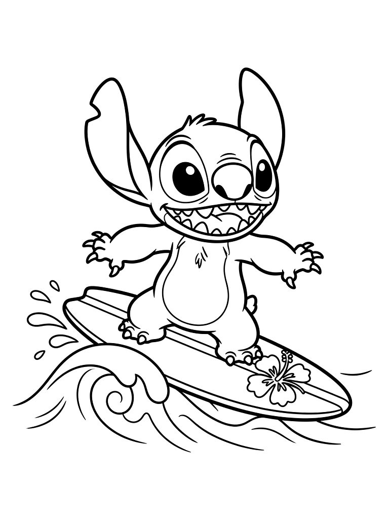 Stitch Surfing On Hawaiian Summer Waves Coloring Page