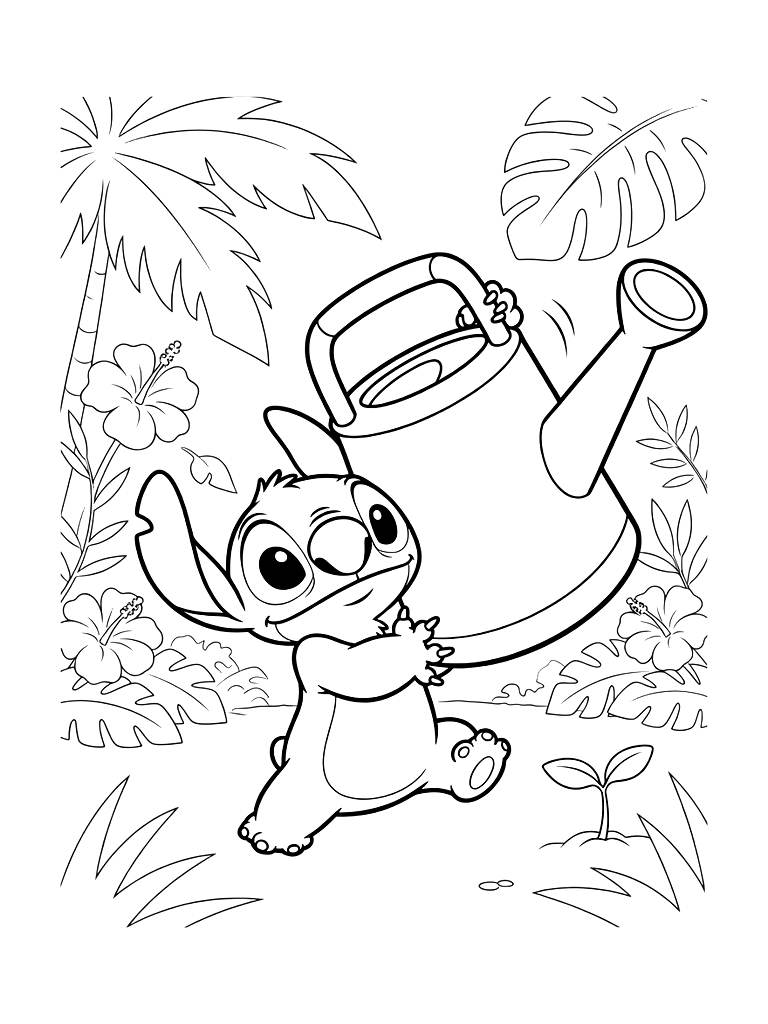 Stitch Trying To Water A Tiny Sprout With A Watering Can That Is Much Too Big For Him In A Tropical Garden Coloring Page