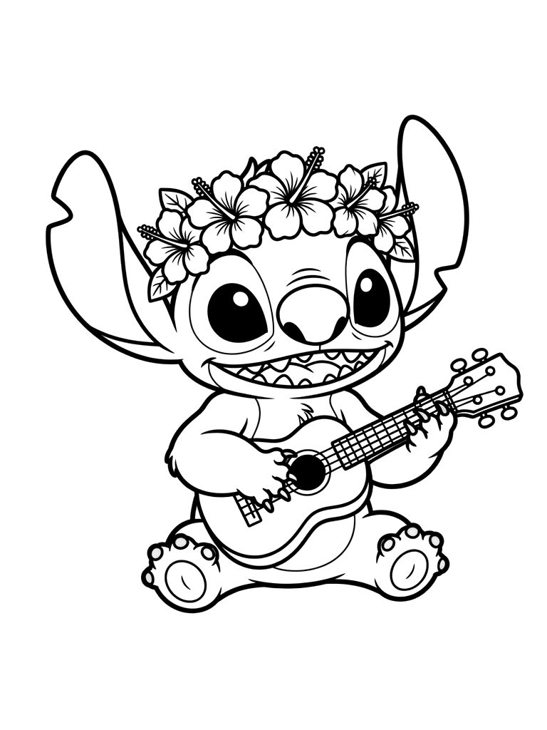 Stitch Wearing A Flower Crown And Playing A Ukulele On A Tropical Beach Coloring Page