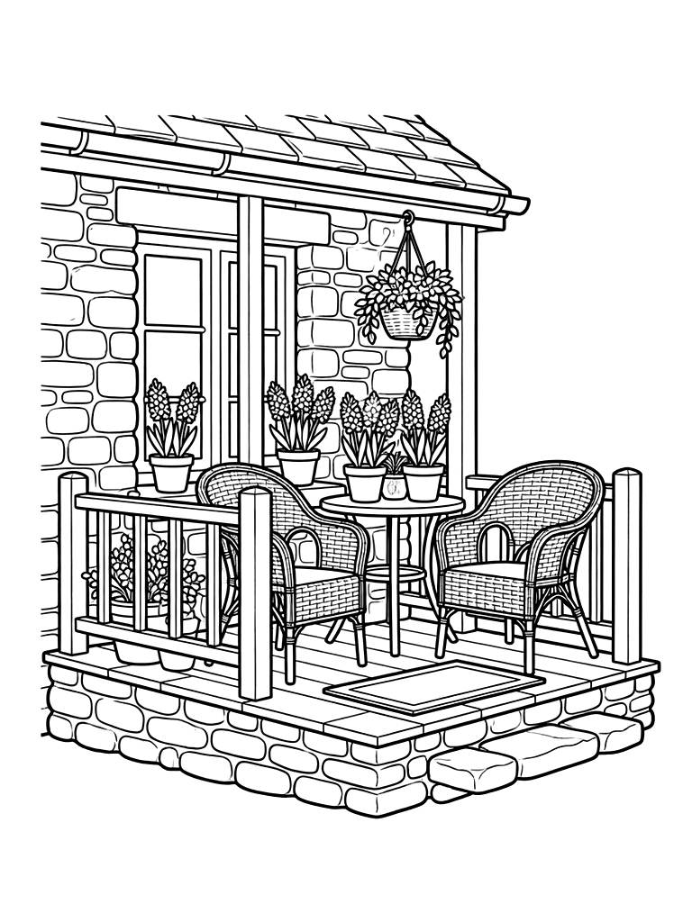 Stone Cottage Porch With Wicker Chairs And Potted Hyacinths Coloring Page