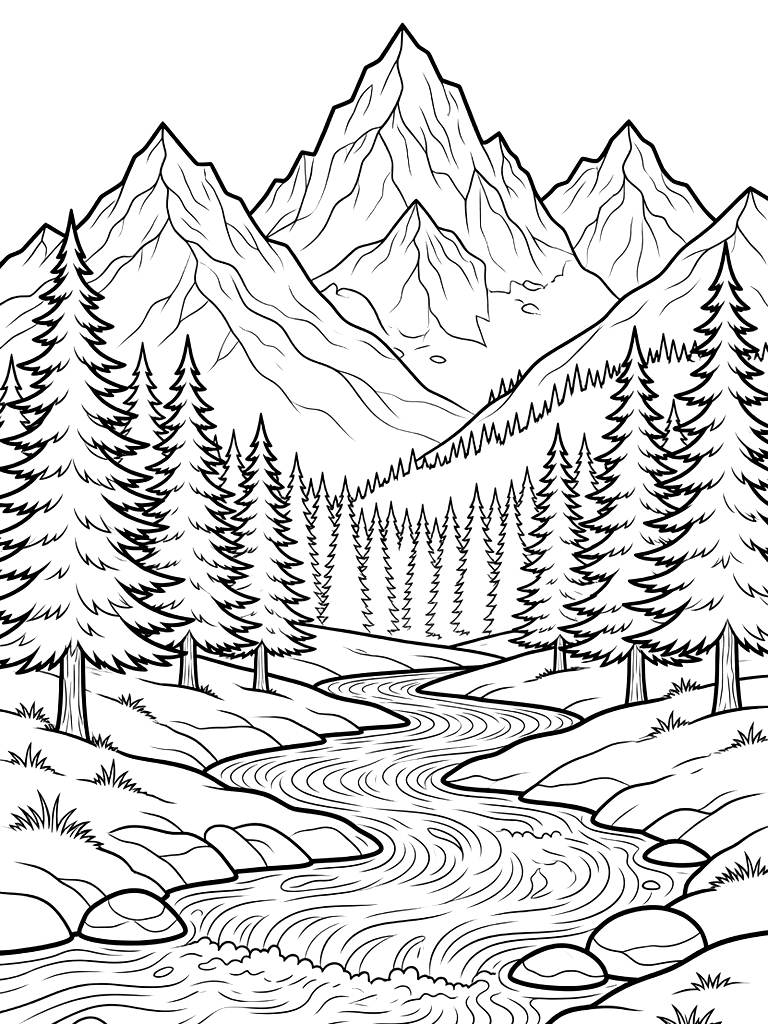 Stunning Pacific Northwest Mountain Range With Towering Snow-capped Peaks Behind A Forest Of Tall Pine Trees And A Rushing River Coloring Page