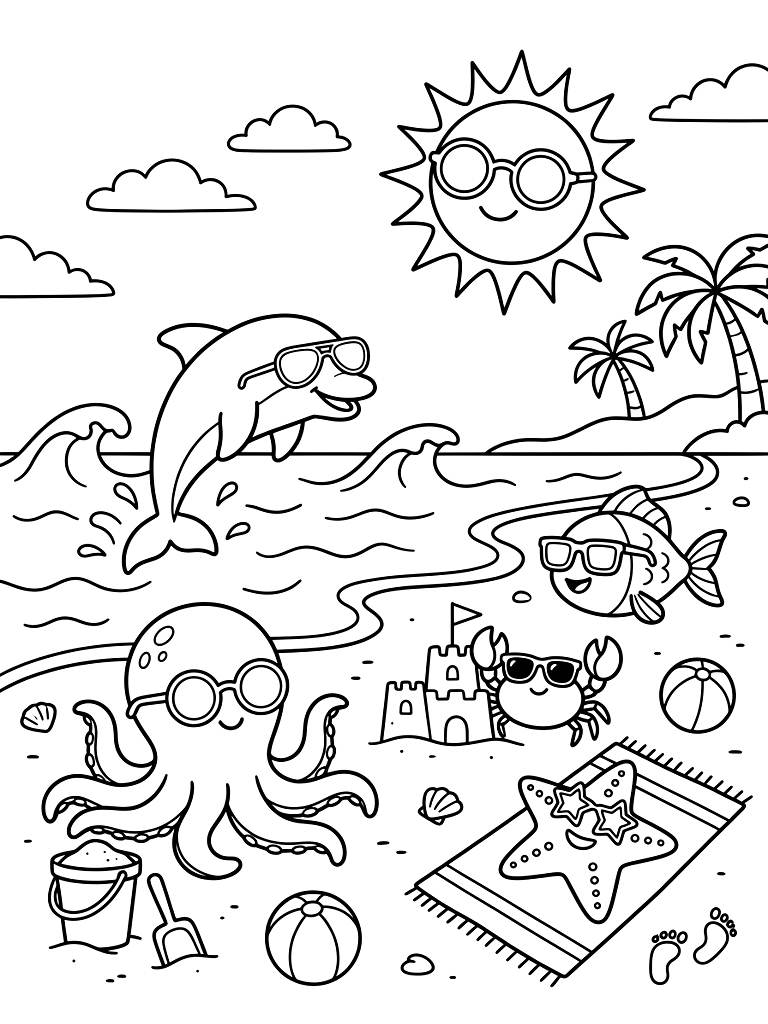 Summer Beach Day With Cute Sea Animals Wearing Sunglasses Coloring Page