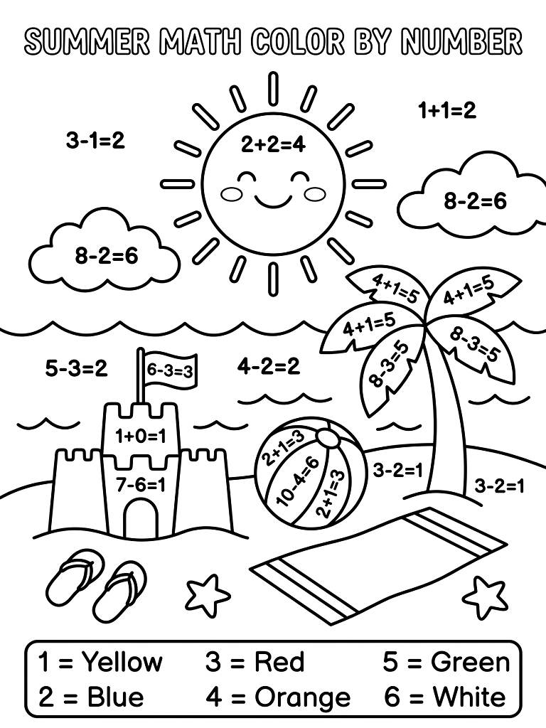 Summer Themed Math Color By Number Coloring Page