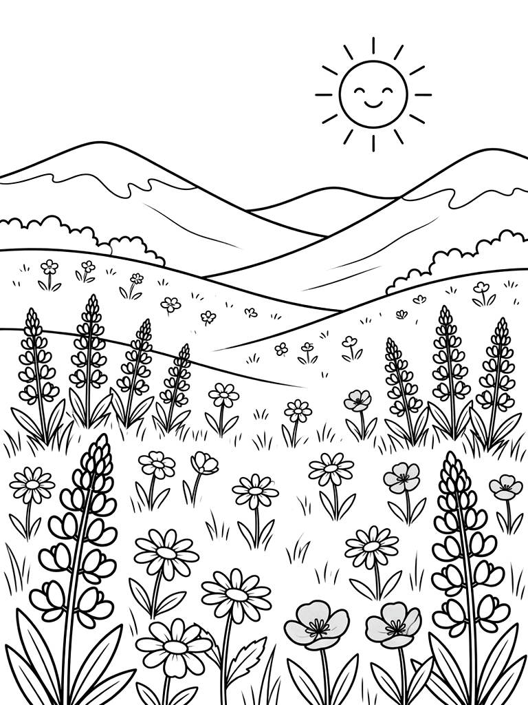 Sun-drenched Alpine Meadow Filled With Blooming Purple Lupines Coloring Page