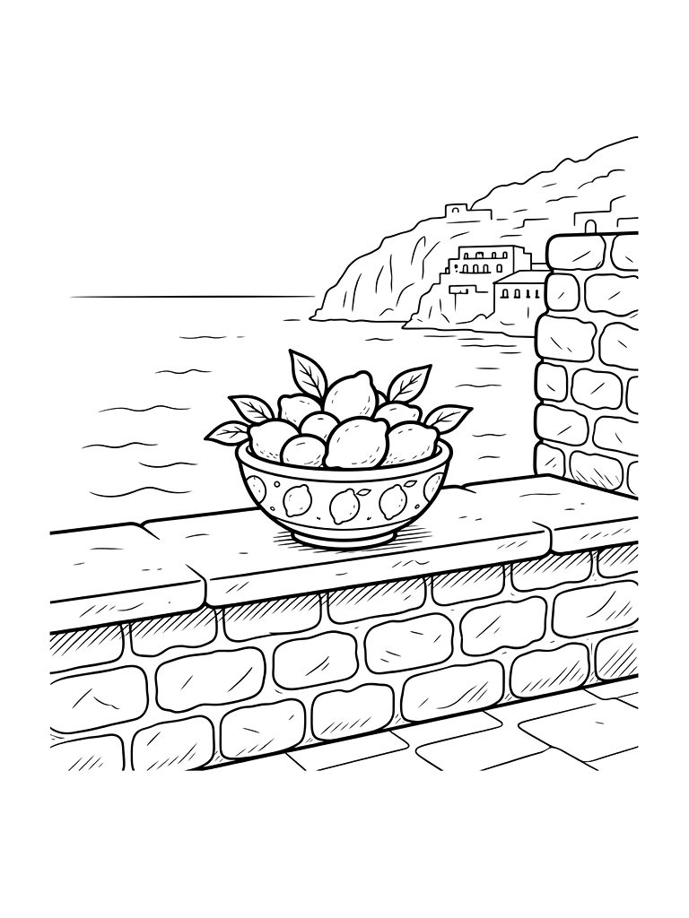 Sun-drenched Stone Balcony In Positano With A Ceramic Lemon Bowl And A View Of The Turquoise Sea Coloring Page