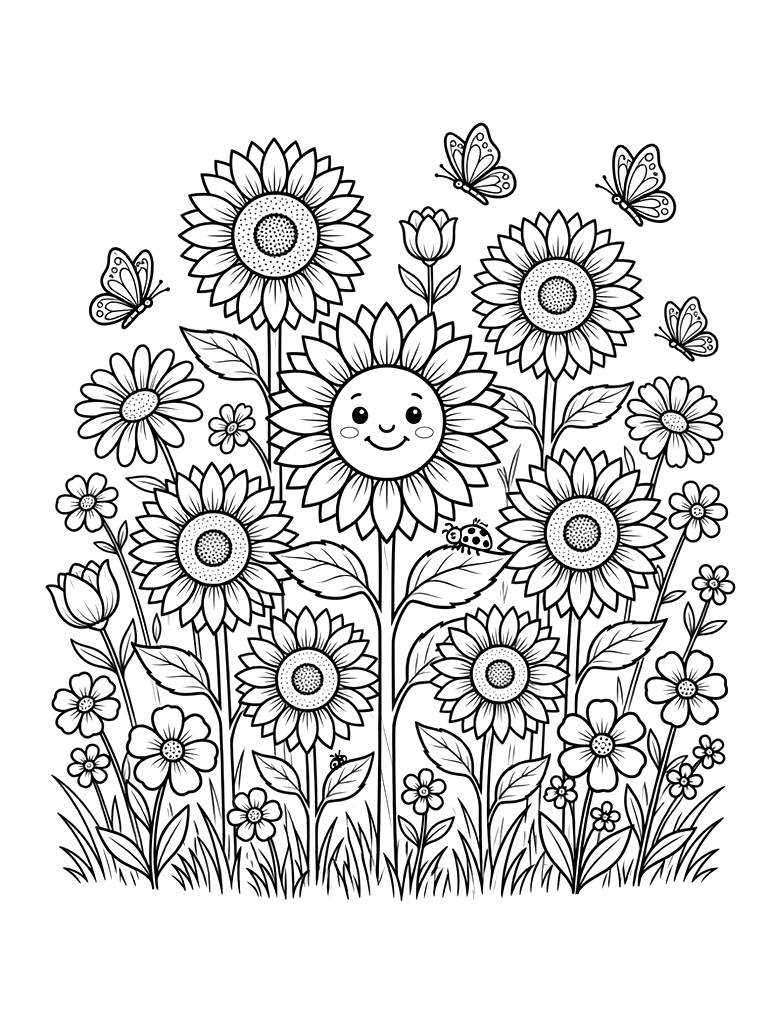 Sunflower Meadow Wildflowers Coloring Page