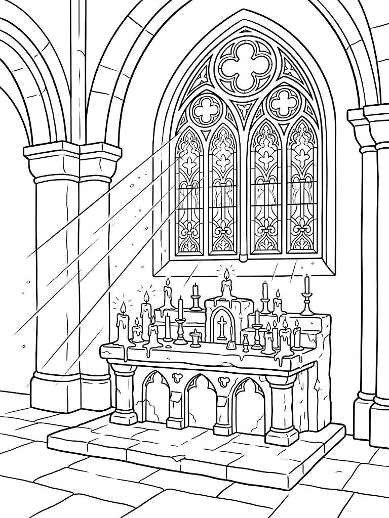 Sunlight Beaming Through An Intricate Gothic Cathedral Stained Glass Window Illuminating A Dusty Stone Altar Covered In Melting Wax Candles Coloring Page