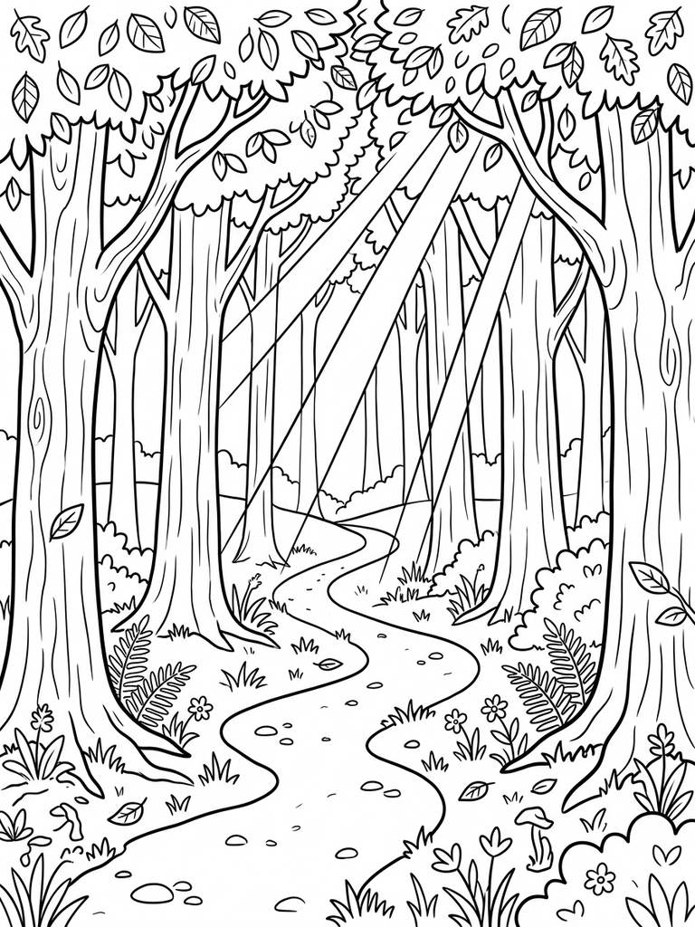 Sunlight Filtering Through Tall Trees / Enchanted Forest Path Coloring Page