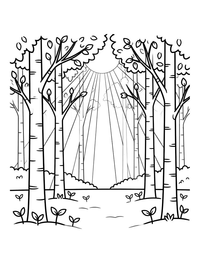 Sunlight Streaming Through The Canopy Of A Birch Forest With White Bark And Small Spring Sprouts Coloring Page