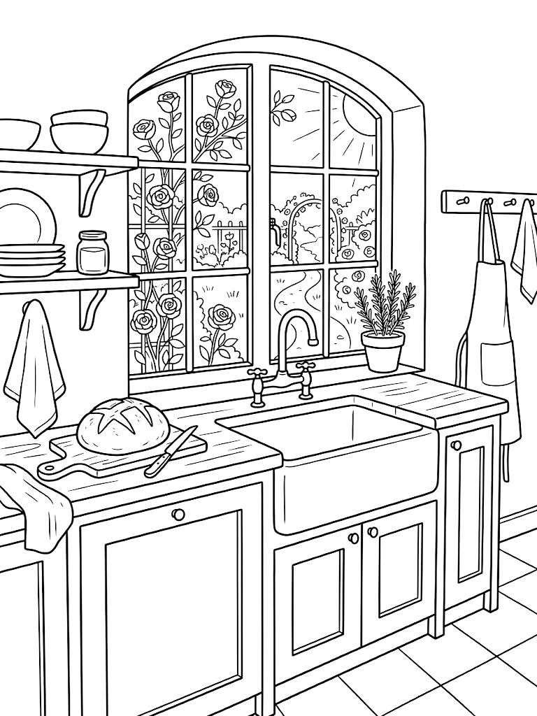 Sunlit Cottage Kitchen With A Deep Farmhouse Sink Freshly Baked Sourdough Bread And A View Of A Blooming Rose Garden Coloring Page