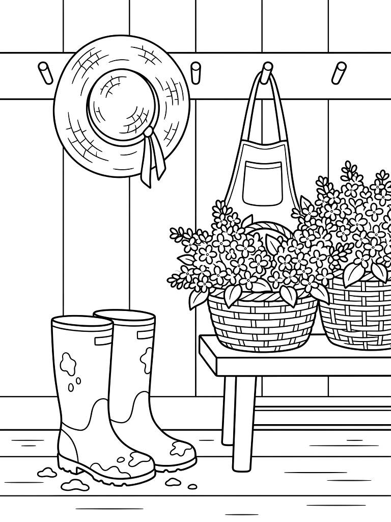 Sunlit Cottage Mudroom With Dirty Gardening Boots A Straw Hat And Baskets Overflowing With Freshly Picked Spring Lilacs Coloring Page