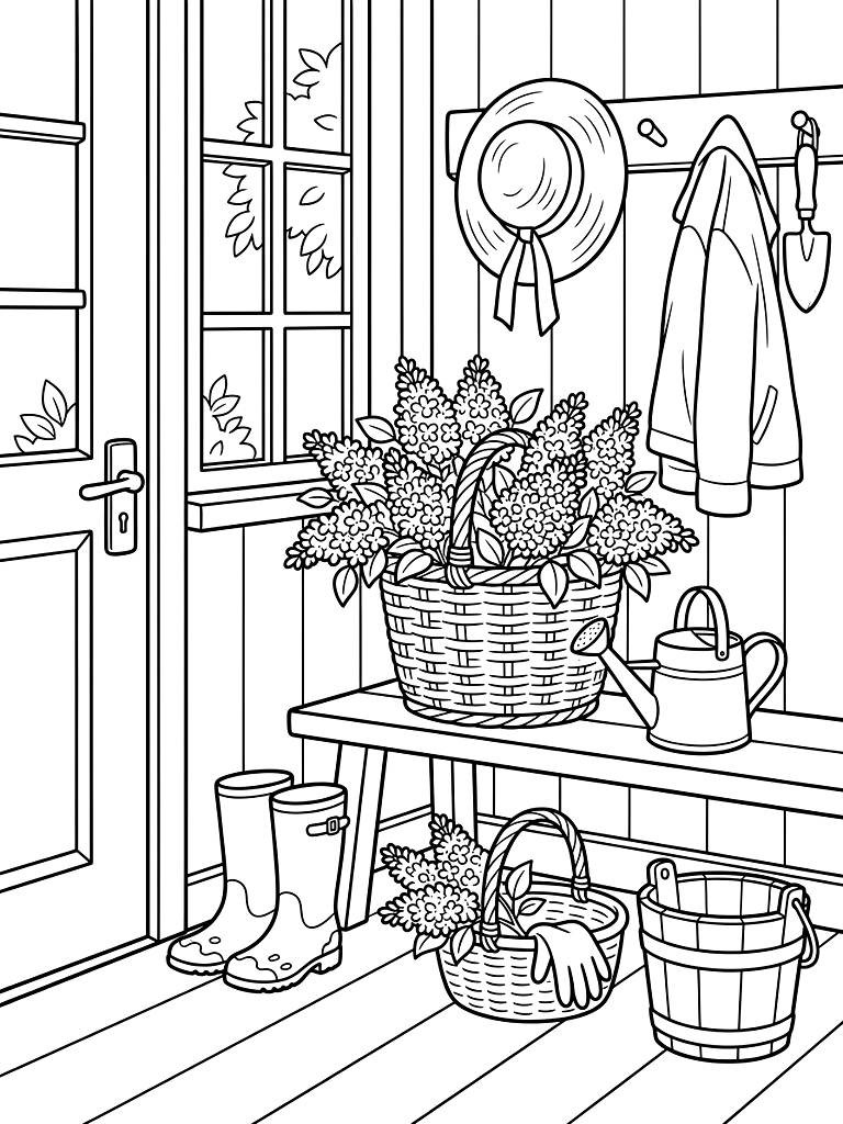 Sunlit Cottage Mudroom With Dirty Gardening Boots A Straw Hat And Baskets Overflowing With Freshly Picked Spring Lilacs Coloring Page